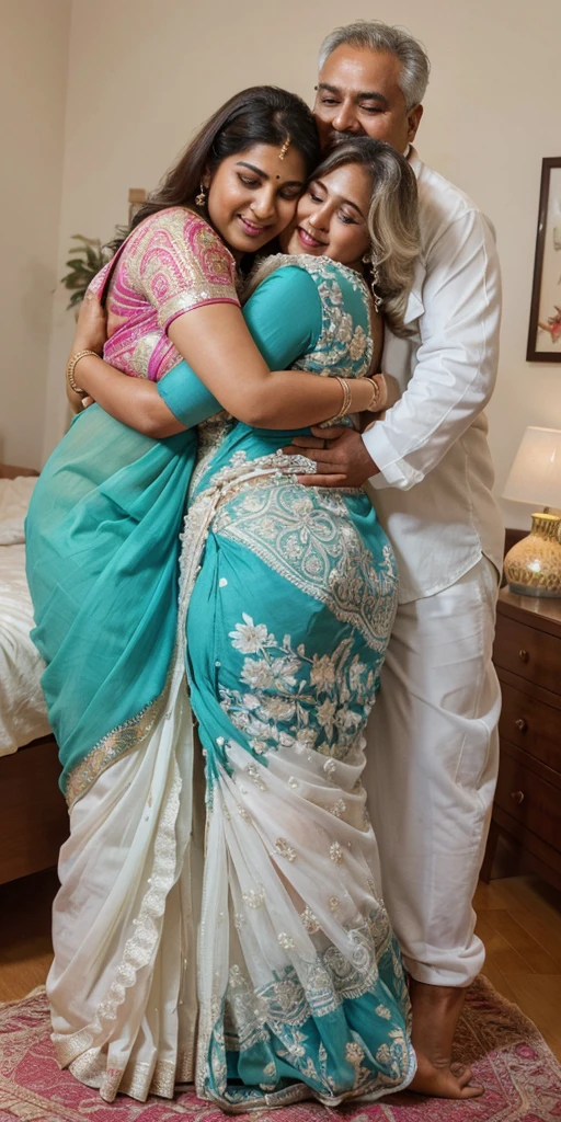 Close up shot, A radiant South Indian, chiffon white colour chiffon saree wearing plus sized girl ,with her curvaceous figure , hugging and kissing on the lips of a jubilant 60 year old  joyous embrace in a bedroom, captured in a full body image with vibrant colors and intricate details. Full body image