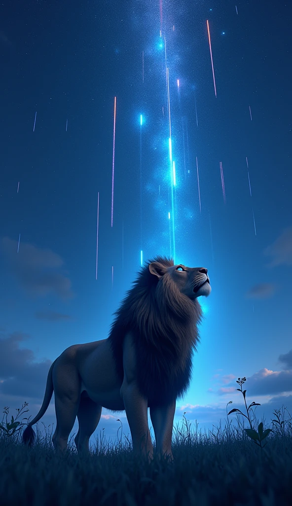 Generate an ultra realistic 8k image of a big and beautiful strong blue-eyed lion looking at the sky full of meteors