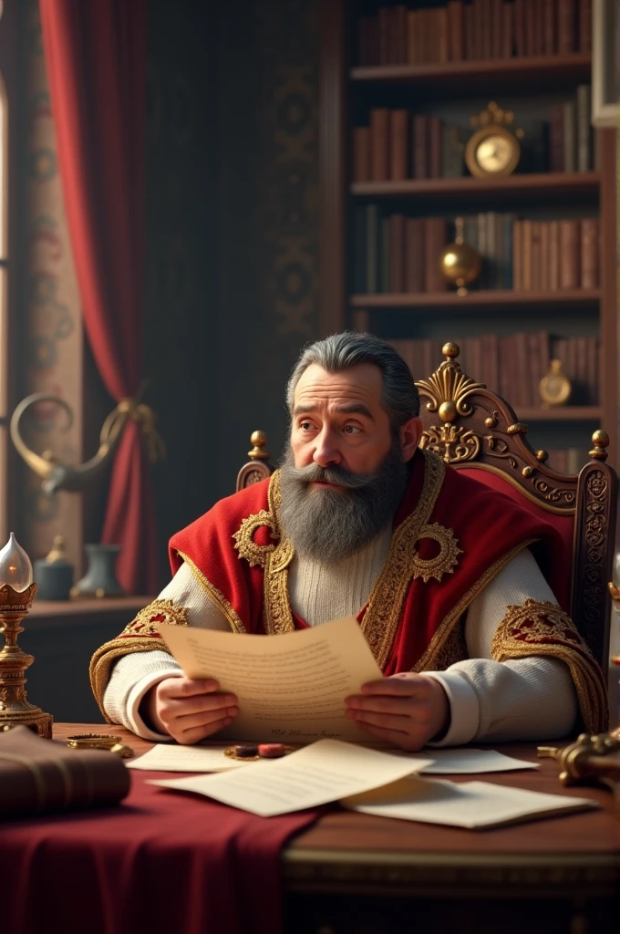 5. **Letter Revelation:**
   - "The king reading a letter with a surprised expression in his study."