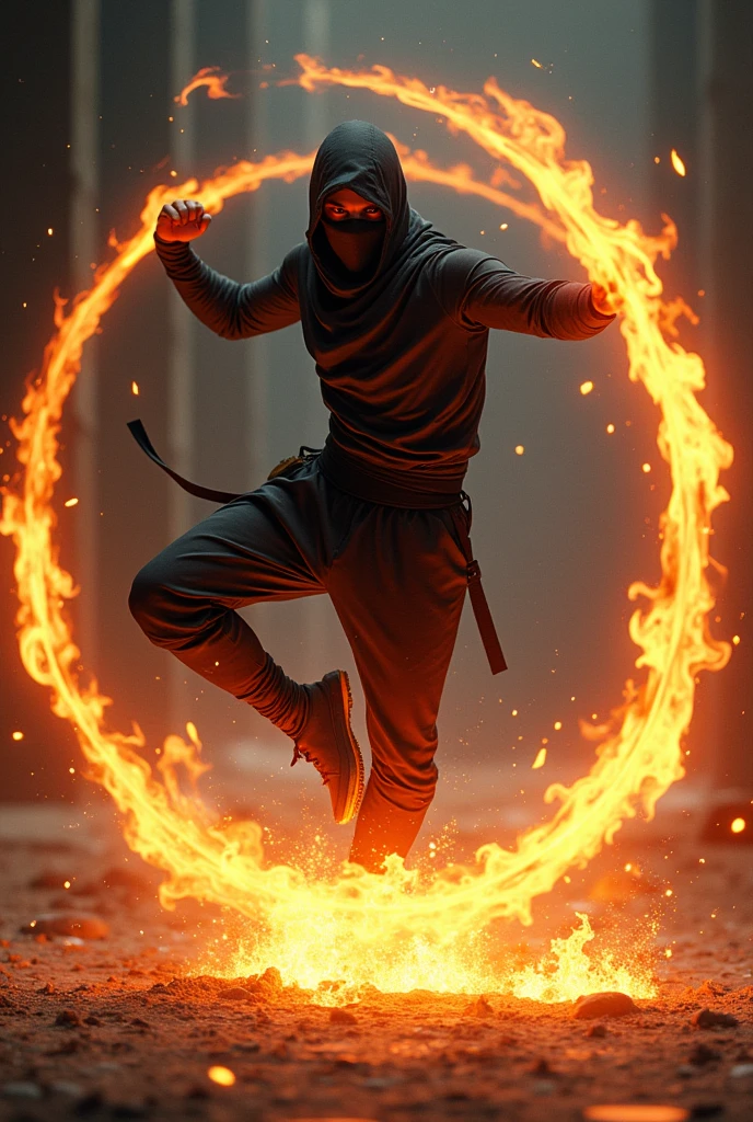 a ninja,with fire powers,giving a spinning kick.