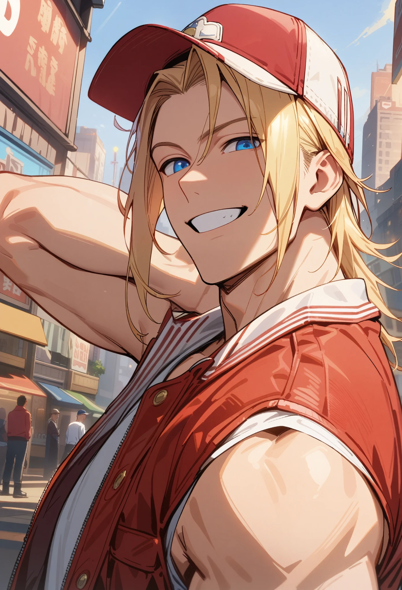 terry bogard, 1boy, male, handsome, no sleeves, sleeveless, close up, blue eyes, blonde, baseball cap, white shirt, red jacket, smiling, masterpiece, high quality, high details, hd, city background