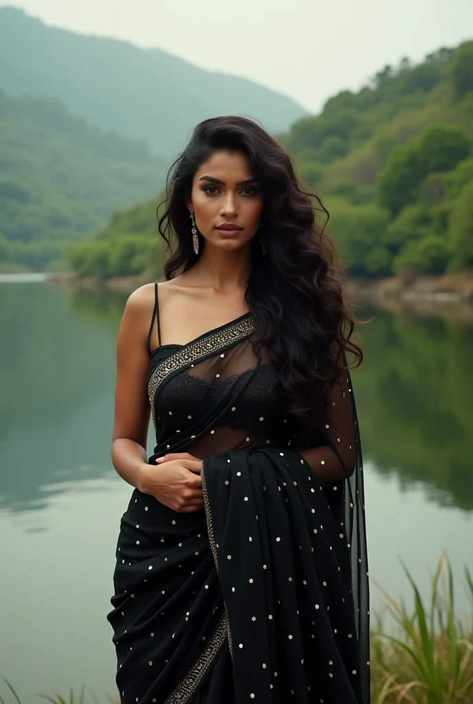 beautifull mouni roy 
wearing Indian full black saree white dots in saree long curly hair, soft lighting close to the water Lake green valley with a man  watch straight 