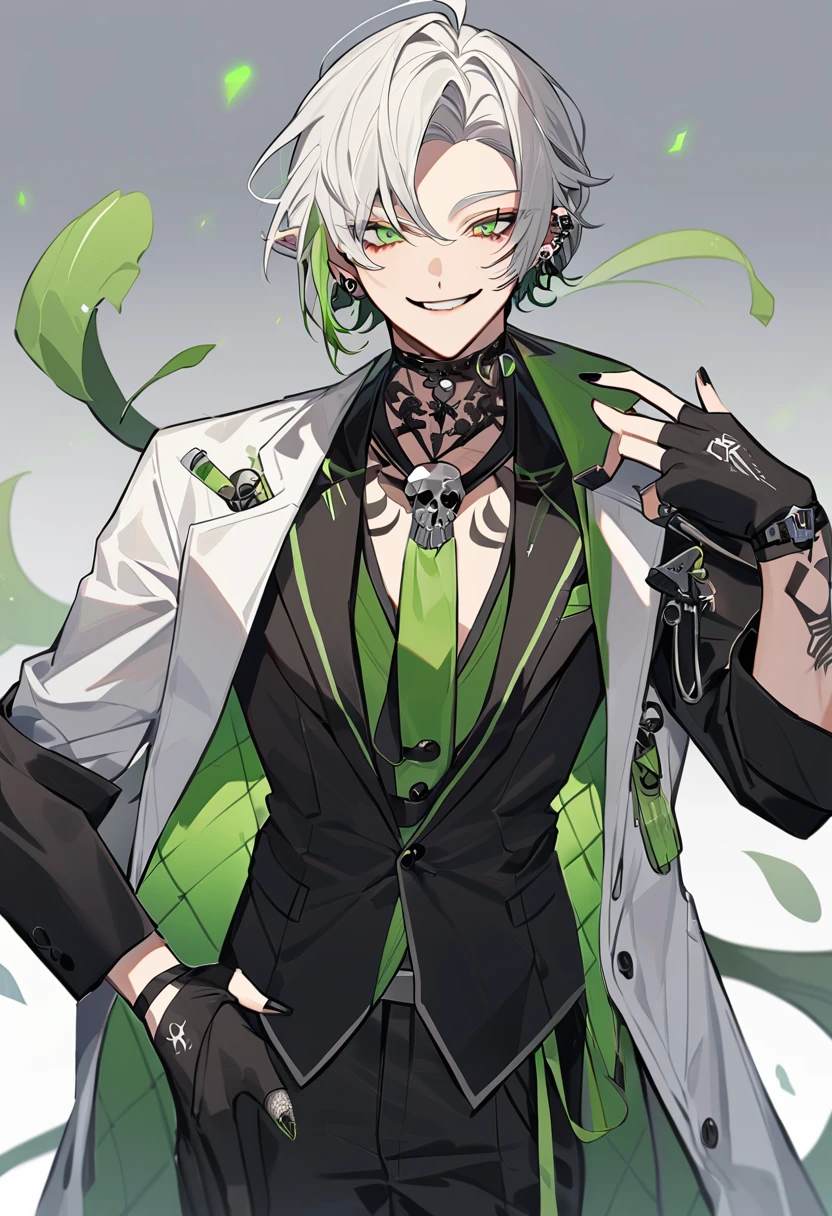 Man with short messy wavy white hair, dull light green eyes, white eyelashes, skin fair, mischievous look and smile, lip piercings and black earrings in the ears. Wears a black suit with white details and a green tie, uses a skull-shaped tie clip, holding the lab coat in one arm, skull shaped neck tattoo, black fingerless gloves and black painted nails and is a scientist.
