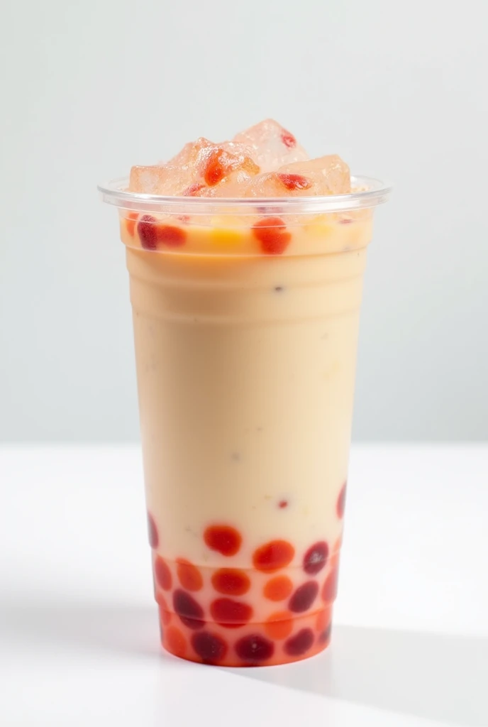 Iced jelly on top with fruity in the clear plastic milktea cup 8 oz. without lid white background 
