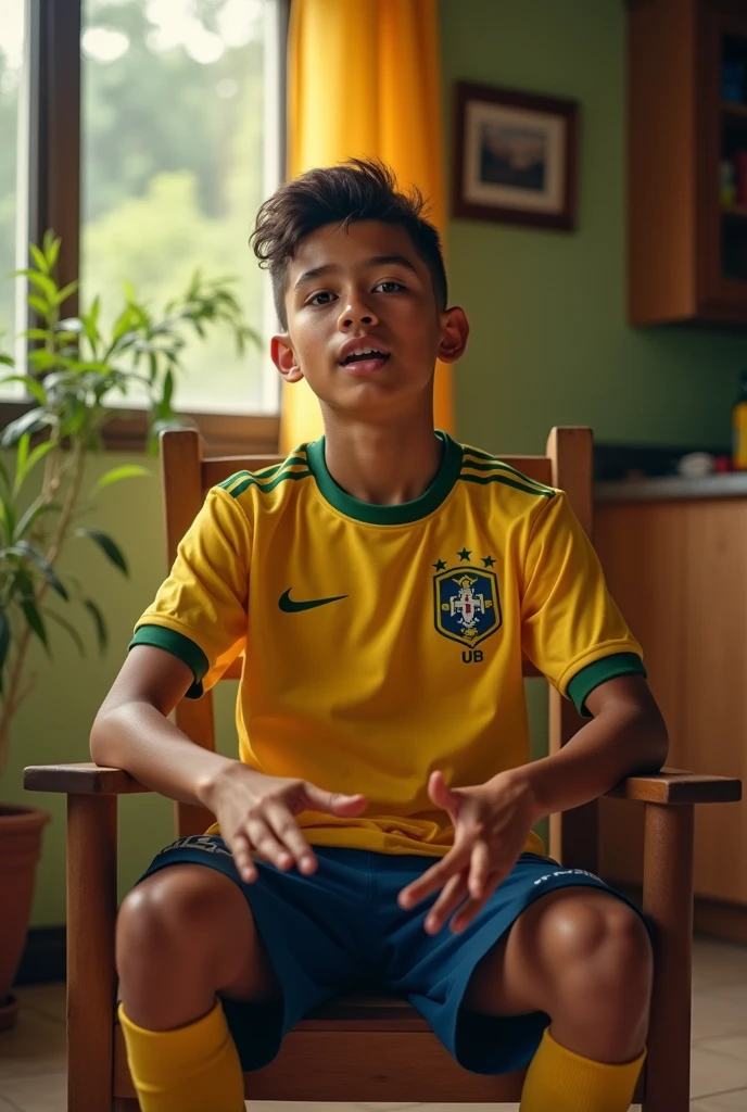 take a picture of a young Brazilian soccer player sitting in a chair telling a story for the image