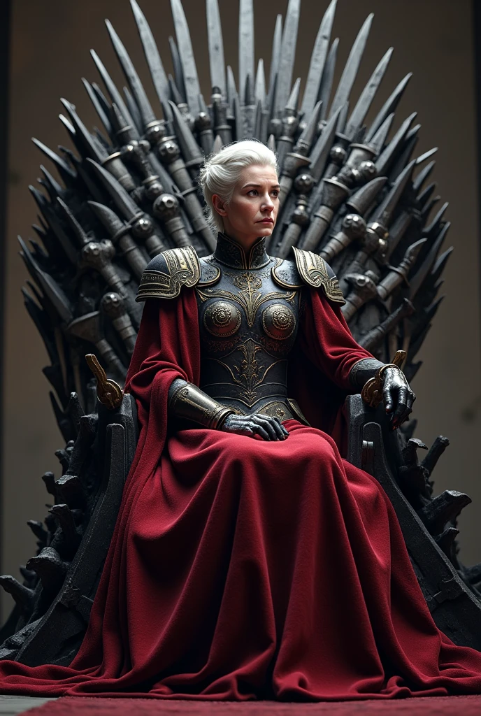 a white-haired, defined-faced middle-aged queen in red and black armor sitting on the iron throne