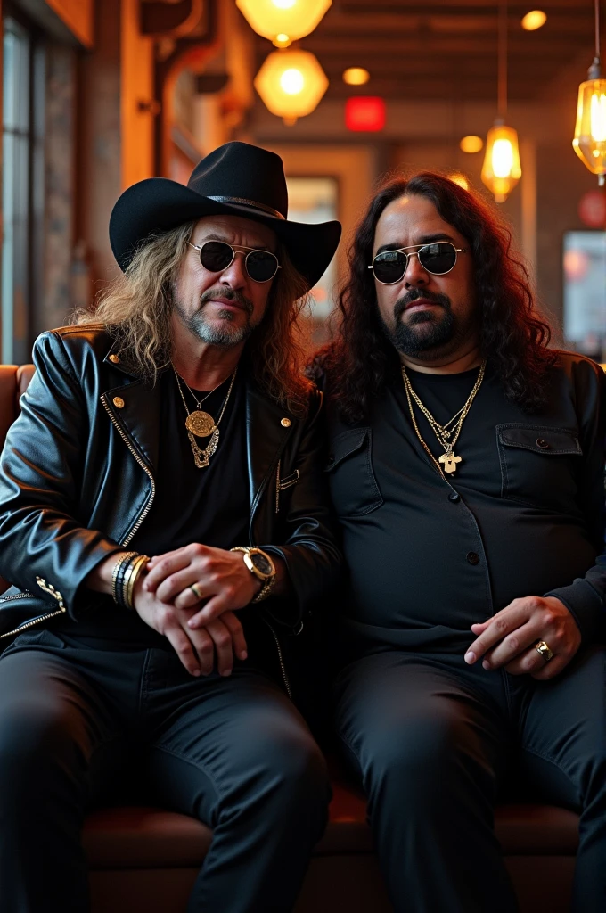 Picture of musician AXL Rose sitting with a chubby, long-haired man from Javanese Indonesia wearing all black clothes.,in a rock music cafe,both of them look familiar
