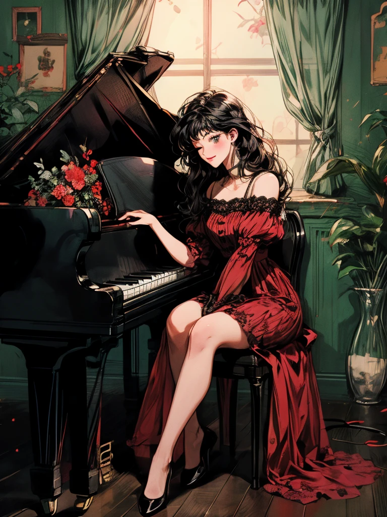 beautiful woman(((full body))), ((background house)), (best quality), beni, solo, 1girl, black_hair, red_flower_hair_ornament, long hair, A room with glass windows, curtains, eyes closed, sitting on a chair playing the piano at night. There are flowers, red flower pots, a table, a wine glass, a wine bottle, a lamp, and a black cat,