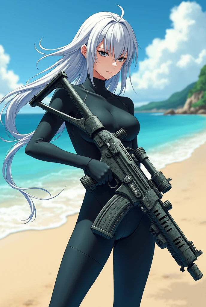 A anime character gojo holding a ump gun in his hands  with beach background 