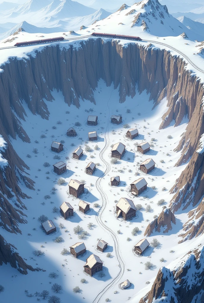 Hundreds of Village in the huge snowy hole.and train on the top