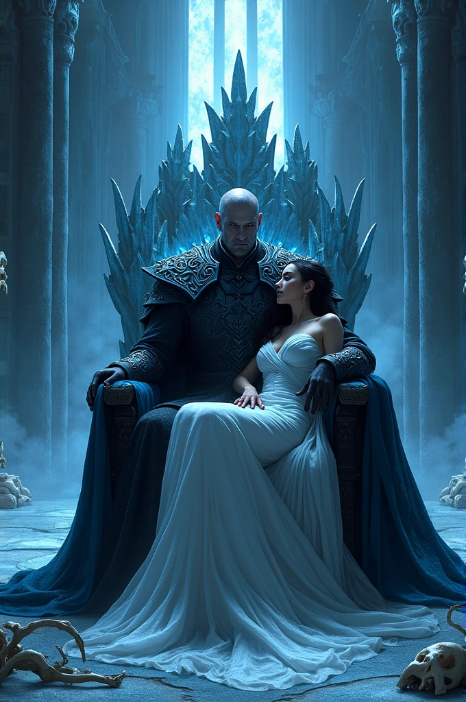 The Night King sitting on his throne with his wife the Night Queen sitting in a light dress on his lap
