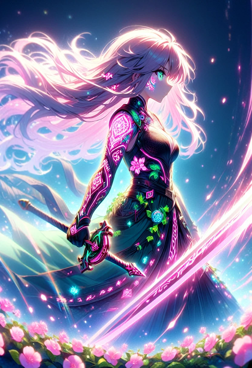 A swordsman carrying a huge sword、The blade is decorated with glowing neon flower tattoos.。The tattoo is a mix of pink flowers and green ivy.、It emits neon light。She has long, flowing hair.、This scene has a dreamy soft focus effect.、It emphasizes the fantastic shine of the tattoo.。Facing forward、front,Slashing
