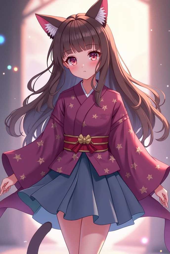 Anime girl, brown hair, long hair, cat ears, dark pink haori with stars, skirt, long shoes