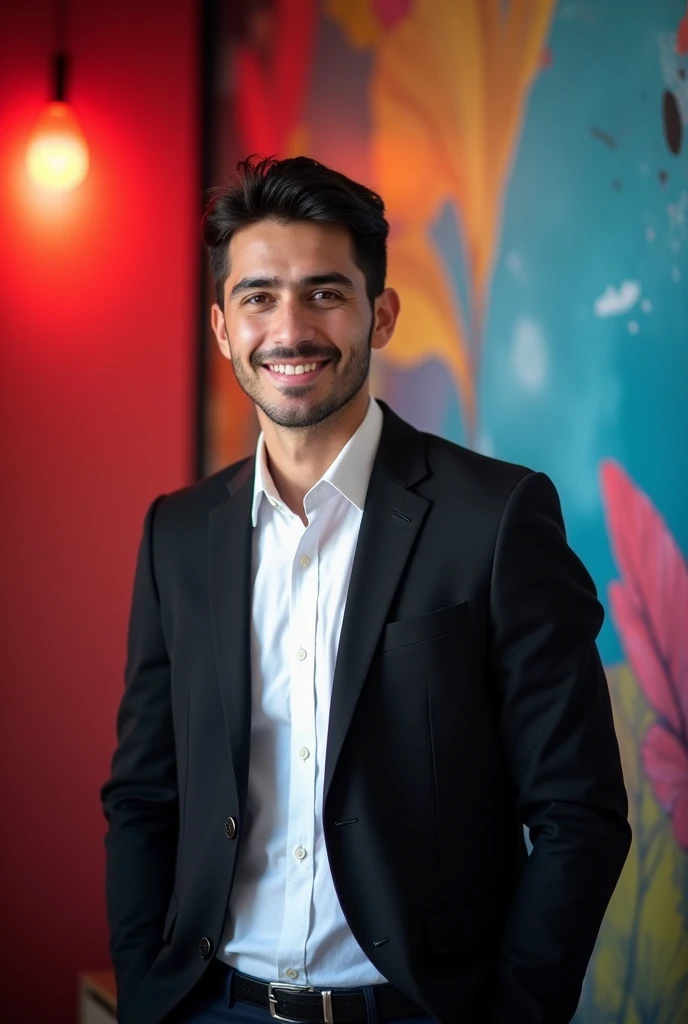 A young man with dark hair and a code smile. He is dressed in a black blazer ova white shirt. The man is positioned against ada colour backdrop with a subtle red lighting on the left side. and he posing for Linkedin cofile