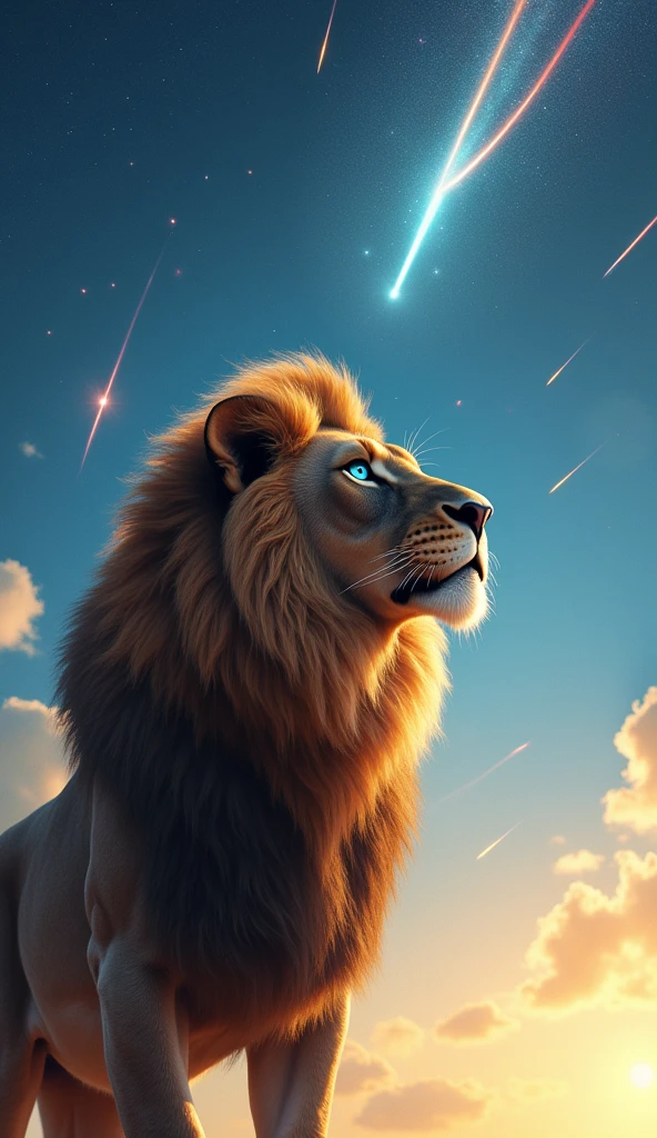 Generate an ultra realistic 8k image of a big and beautiful strong blue-eyed lion looking at the sunny sky full of meteors