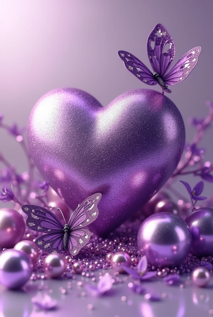 Name UWINEZA" 3D metallic purple glitter with metallic purple heart, metallic purple butterfly, metallic purple peal. Everything in front 3D rendering, typography, 3d render, poster, fashion