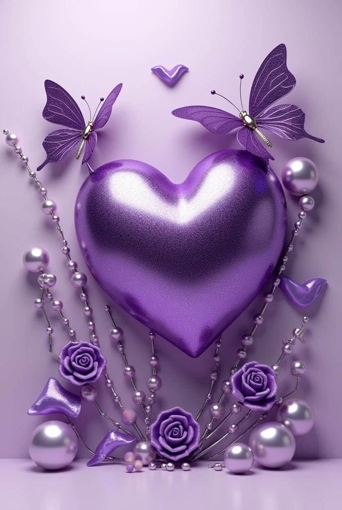 Name UWINEZA" 3D metallic purple glitter with metallic purple heart, metallic purple butterfly, metallic purple peal. Everything in front 3D rendering, typography, 3d render, poster, fashion