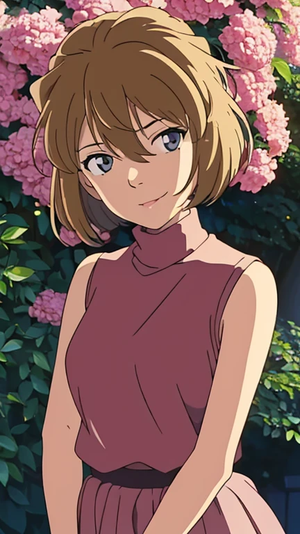 (1girl, solo, highly insanely detailed, masterpiece, top quality, best quality, highres, 4k, 8k, RAW photo),((innocent look)),((Childish)),From the front, symmetrical composition,smile,cute,Innocent,Kind eyes, kotonoha no niwa, park,flowers,lawn,trees, The Garden of Words, (haibara ai), upper body, 1girl,solo,Short hair,(big gray eyes), red turtleneck:1.4), (sleeveless),hair between eyes,blonde,no makeup,(light pink natural lips),culottes, shiny oild skin,tilted neck, pose,