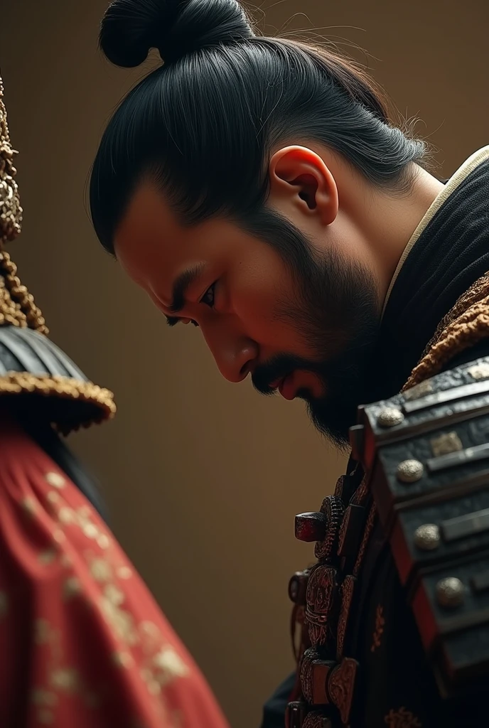 A close-up of a samurai bowing in respect before his lord, detailed expressions showing loyalty and humility, UHD, realistic, warm tones.