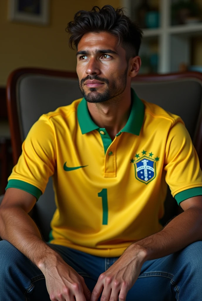 take a picture of a Brazilian soccer player sitting on a chair telling a story for the image