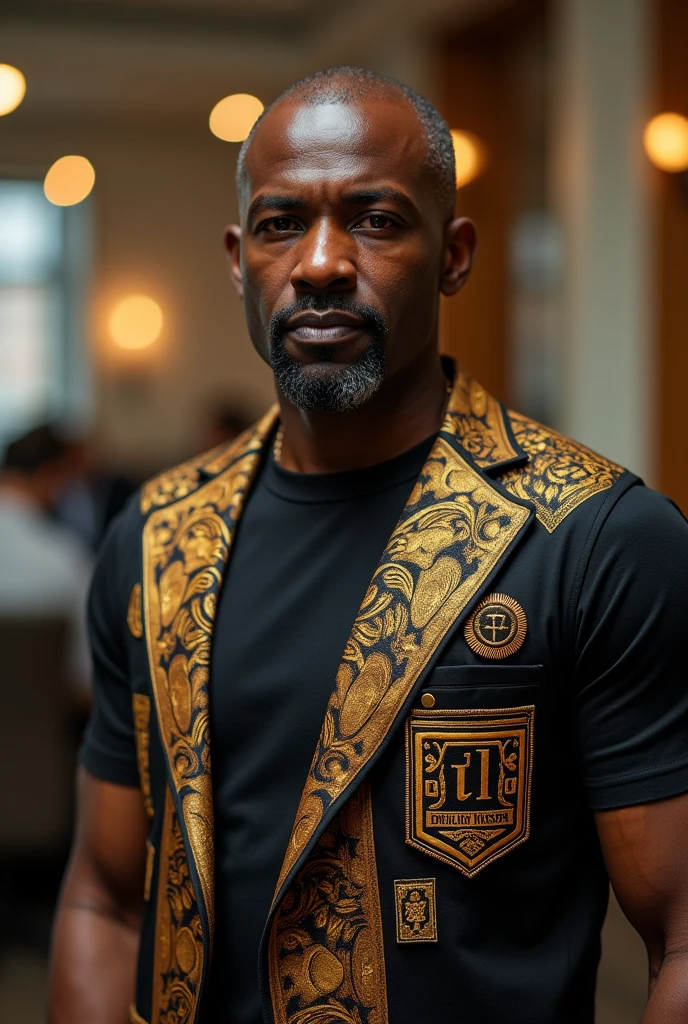 Strong forty year old black man, very elegant and sophisticated, with a goatee, wearing black short sleeved African tribal t-shirt with gold and brown details, pure silk with gold details.
Letters DL , writings on the pocket of the clothes Italian loafer shoes The model is in a busy office