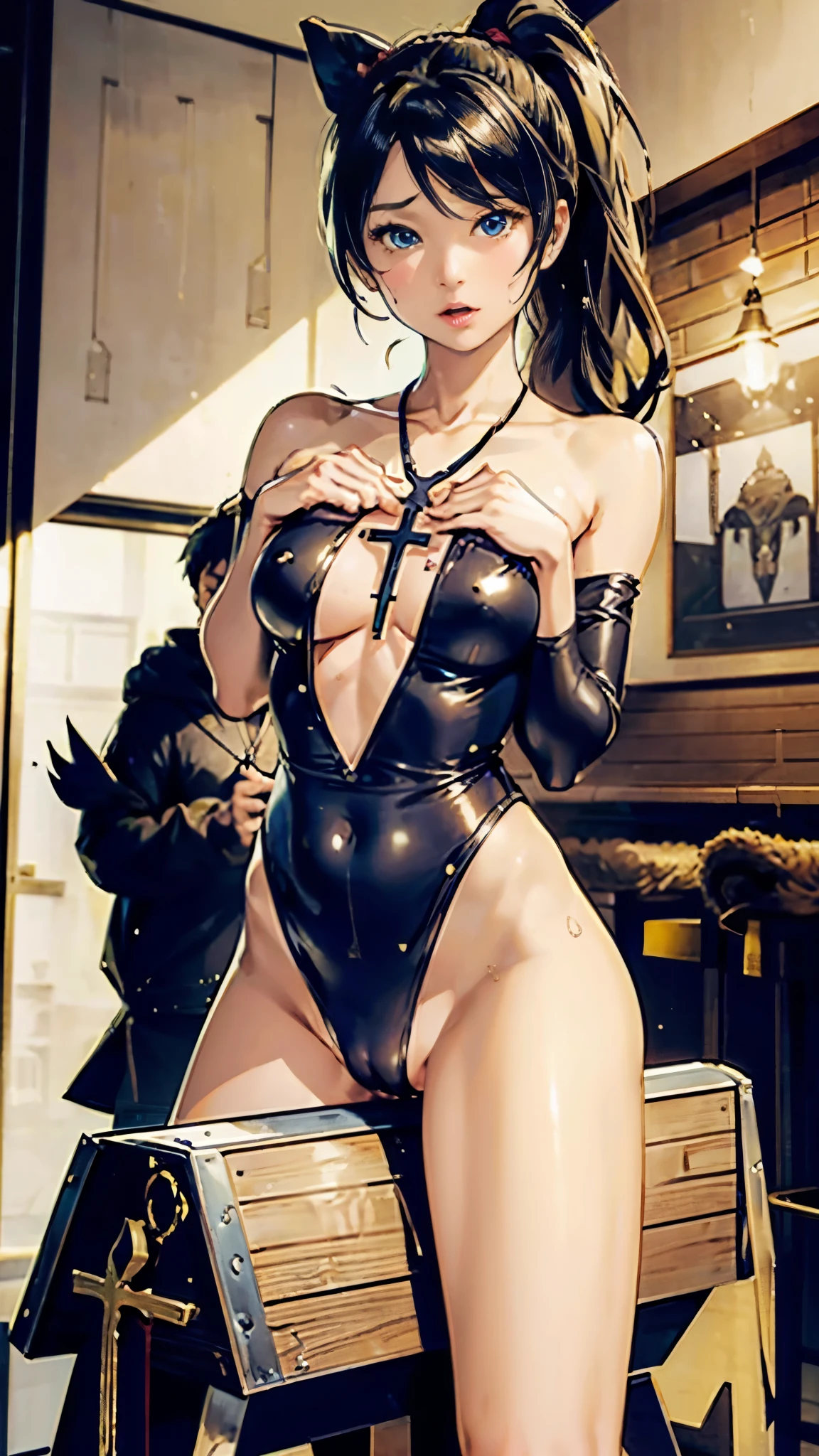 best quality, On the table,(Perfect hands, Perfect legs,Perfect anatomical structure),Things to know, not enough, A girl, Necklace, Chest, clavicle, Ponytail, Chestの谷間, Off-shoulder dress, bow, A girl, Trojan horse, Rub your crotch, Thought-provoking liquid, Chai Li,, On the table, best quality, Very detailed、(Cross your hands behind you:1.5)、Hum, Large Chest, White hair, blue eyes, Focus on women, whole body, , open mouth, , juice, Sweat, trembling,(Straddling a Trojan horse:1.3),Tights,Thong,Camel toe,Hands raised,Urinary incontinence
