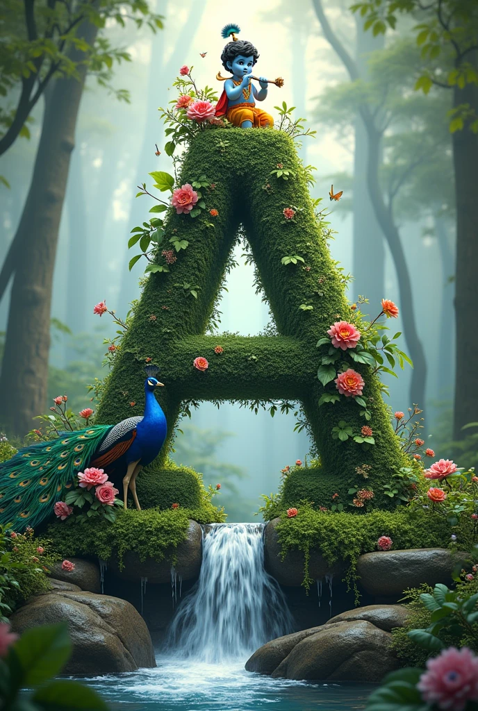 "A stylized letter 'A' covered in lush greenery, with vines, flowers, and leaves growing on it. A gentle waterfall flows down one side of the letter, merging into a small stream at the base. In front of the letter, depict Lord Krishna as a with light blue skin, playing the flute. He is adorned in traditional clothing with a peacock feather in his hair. Beside him, a vibrant peacock spreads its colorful feathers. The background features a serene, misty forest with trees and soft light filtering through, creating a peaceful and divine atmosphere. Butterflies and small creatures add life to the scene