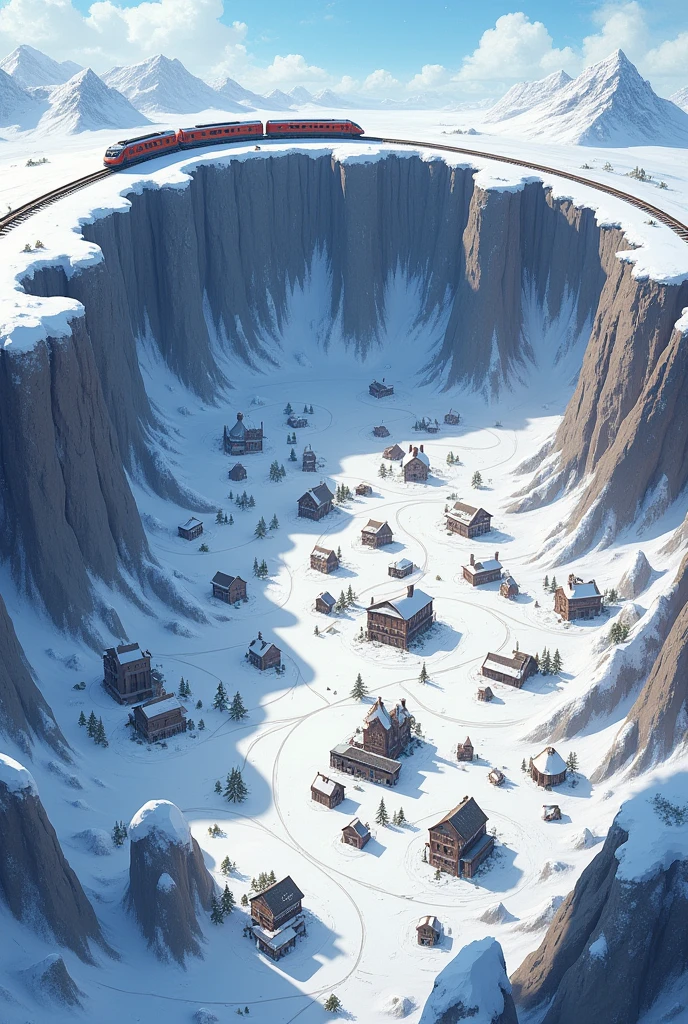 Hundreds of Village in the huge snowy hole.and train on the top