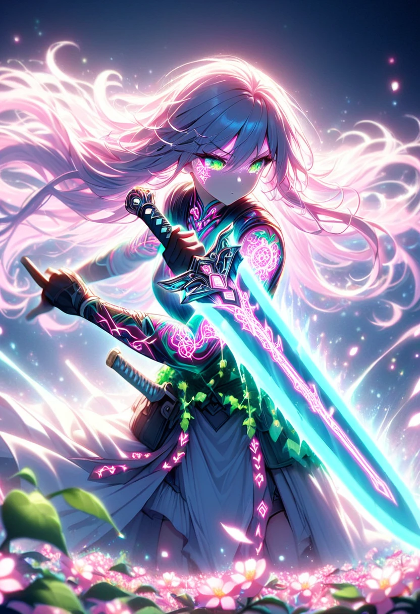 Closed-up face,A swordsman carrying a huge sword、The blade is decorated with glowing neon flower tattoos.。The tattoo is a mix of pink flowers and green ivy.、It emits neon light。She has long, flowing hair.、This scene has a dreamy soft focus effect.、It emphasizes the fantastic shine of the tattoo.。Facing forward、front,Slashing