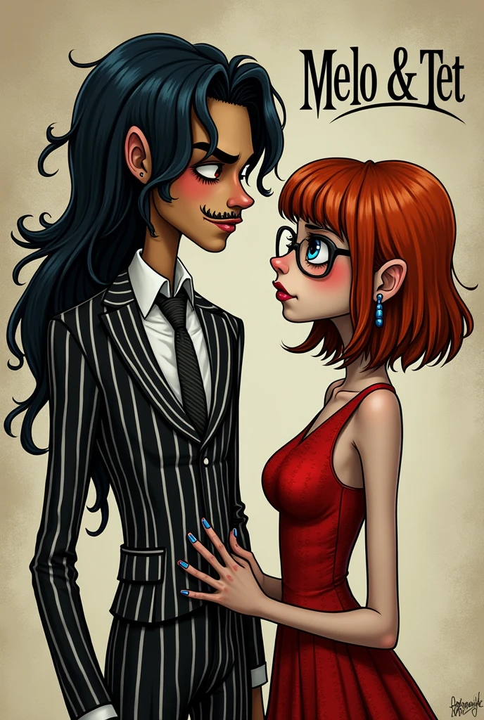 Comicrealism 1.2) create Tim Burton esq Couple
The Boy is athletic and has long black glam metal hair and the white and black striped suit of BEETLEJUICE, he has light brown skin, brown eyes and a barely viable mustang. The girl has short red brown hair and prominant red bangs, pale skin, blue eys, glasses and a red dress in the style of LYDIA DEETZ from the movie BEETLEJUICE.
Also put also Text on the artwork: MELO & TET
Make then look crazy and weird