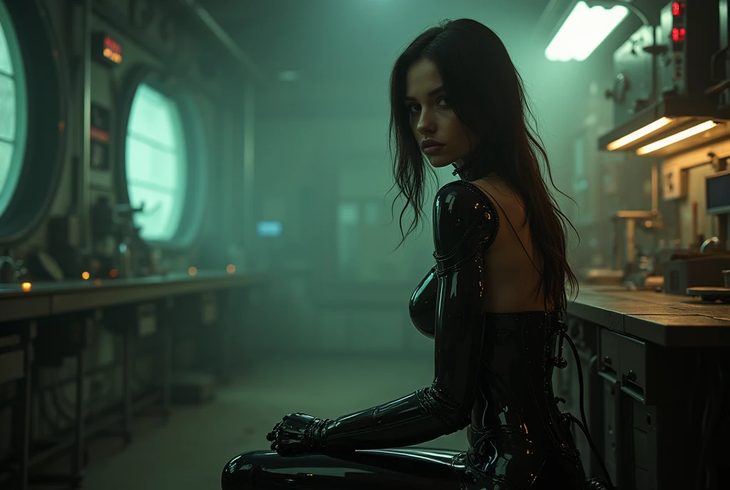 (Best Quality,hight resolution,Masterpiece, full body shot:1.2),Ultra-detailed, sexy cyborg woman,sickly,sitting in a creepy laboratory with cables connected to her back, she has robotic parts, horror sci fi, intern of creepy spaceship laboratory, sensual pose, aseptic and very dark ambient, sexy and creepy, standing at the right of the image, robotic body parts, perfect body, horror aesthetic, looking at the camera,gloomy ecstasy,fetish,dark gloomy atmosphere, creepy atmosphere, gritty texture,Retro-atmosphere,warped reality,melancholic expression on their faces,mysterious aura,foggy atmosphere,foggy background,golden color palette,provocative pose,Strong emotions,Coming Out of the Depths of Despair,Piercing gaze,intense shadows,Plunged in Darkness,dark industrial aesthetic,ominous vibe,A supernatural sensation,Loss of Place in Time and Space,Eerie silence.