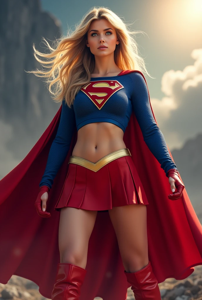 SUPERGIRL, DC COMICS, BLONDE HAIR, LIGHT BLUE EYES LONG HAIR, LONG SLEEVES, RED SKIRT, RED BOOTS, KNEE BOOTS, CAPE LONG HAIR, BLUE SHIRT, CROP TOP, , RED GLOVES, RED BOOTS, CAPE LONG HAIR, BLUE LEOTARD, , GOLD BELT, RED GLOVES, RED HIGH HEEL BOOTS, CLEAVAGE CUTOUT