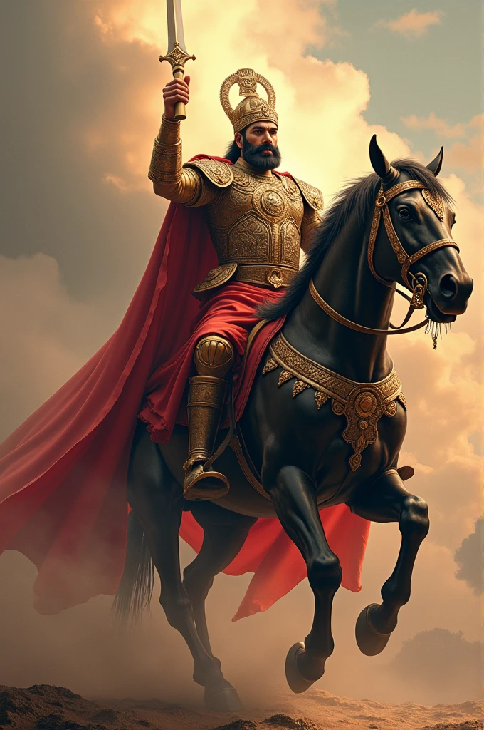 "Ek grand scene jahan ek majboot maharaja ek shaktishaali ghode par sawar hai. Maharaja ka vishal aur atharv shaktishaali roop hai, aur usne zordaar armor aur veer-rashak shashan pehna hua hai. Ghode ka rang gehra hai aur uski sharir ki majbooti aur sundarta ko darshata hai. Maharaja ka haath ek teer se bhara hua hai aur uski nazar aage ko focused hai, jaise woh ek aaj ke vijay ka prateek ho. Pura drishya ek mahaan aur vijay ki feeling ko darshata hai, jahan maharaja aur ghoda ek saath adbhut aur shaktishaali drishya bana rahe hain."