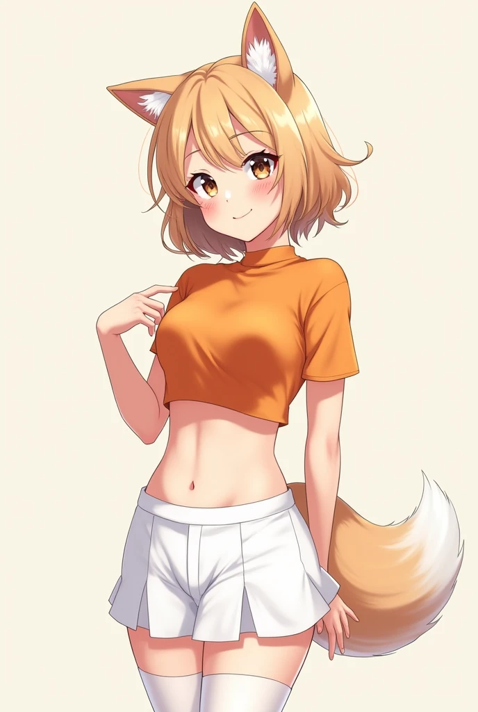 Anime beautiful girl smiley face with a fox ear wearing an beautiful orange crop top, white short skirt and stocking. no background