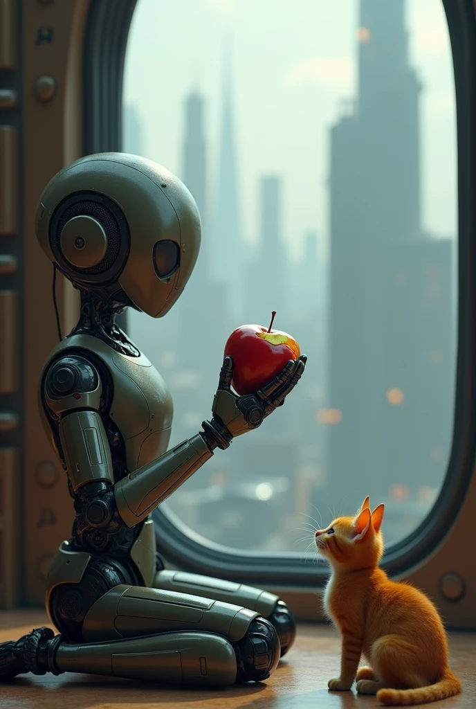2079,A robot holding a bitten apple,Thoughtful,A small orange cat squatted quietly at my feet,Outside the window is a vast space immigrant city,Surrealism,Long shot,Low angle shot,Upward Shot,Strong sense of art,Movie Lighting,Delicate matte、Dark、Fantasy、Intricate details、Startup Screen、Complementary colors、Fantasy概念艺术、8k resolution is popular on Artstation Unreal Engine 5,Complex 3D rendering,150mm lens,
