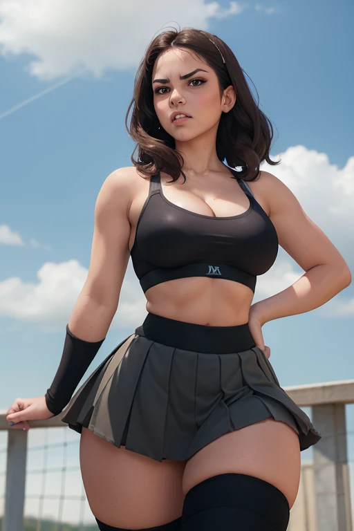 (best quality), (masterpiece), 1 girl, early 20's, small breasts, busty, perky breasts, thick, thick lips, wide hips, thin waist, angry face, angry expression, pleated skirt, knee socks, sports bra