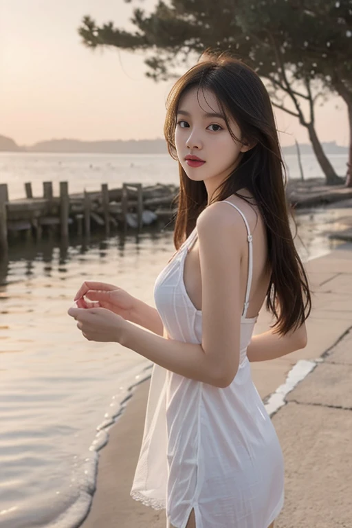 1 Girl,seaside,Soft Light,Chinese Beauty,Suspender dress