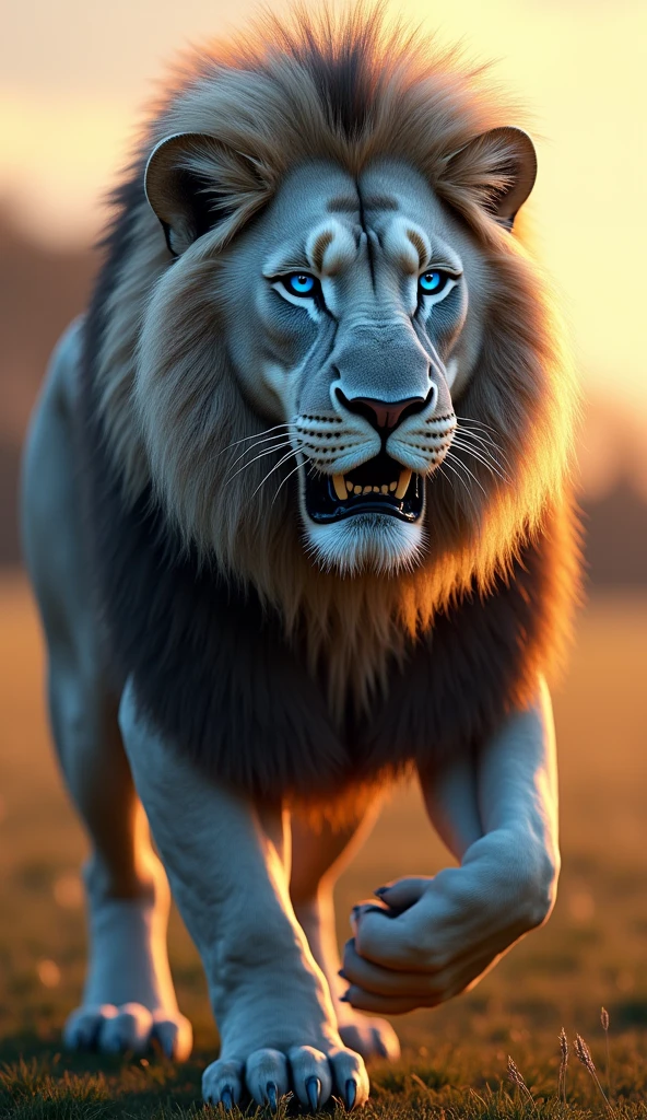 Generate an ultra realistic 8k image of a big strong blue-eyed lion