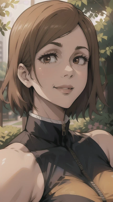 Nobara jujutsu kaisen, a beautiful woman taking a selfie, detailed facial features, long hair, warm smile, elegant dress, soft lighting, photorealistic, 8k, highly detailed, cinematic, intricate background, natural setting, lush greenery, golden hour lighting, stunning colors, flawless skin, graceful pose