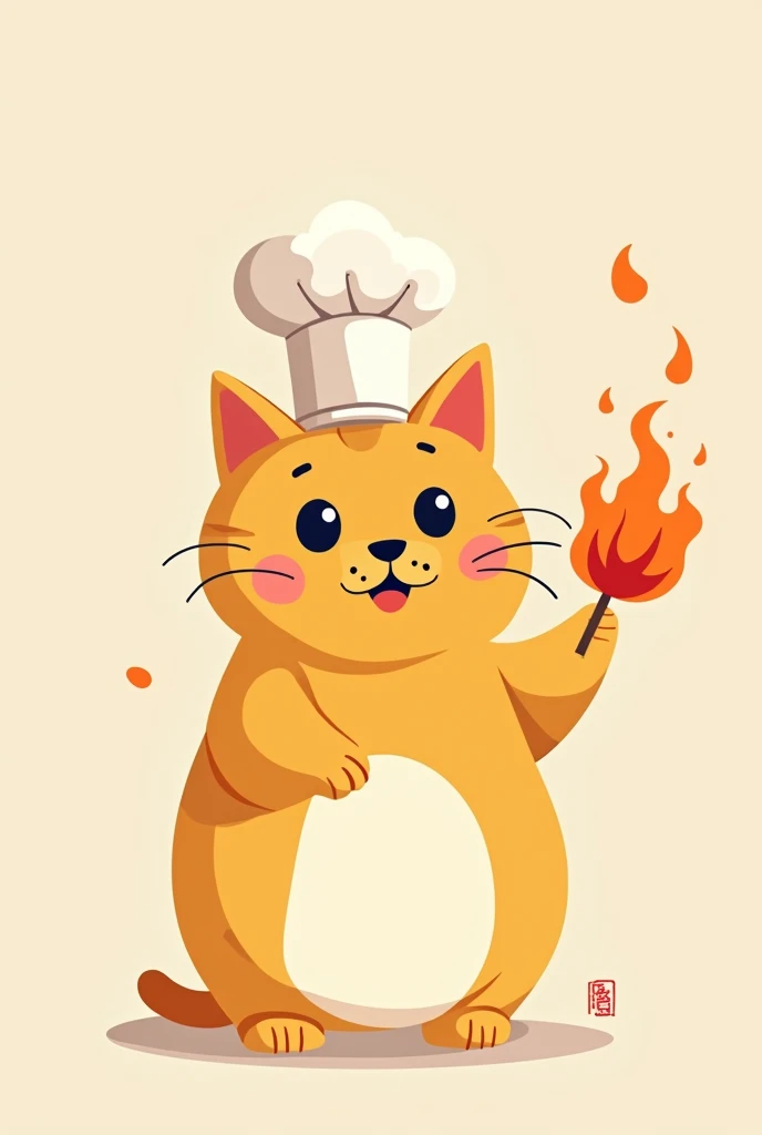 illustration en flat deisgn d'un chat mignon style lucky cat avec un chapeau de chef cuistot et qui crache du feu