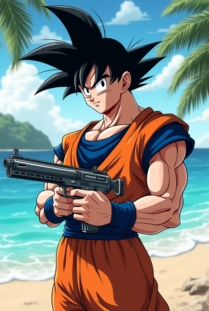 A anime male character goku holding a ump gun in his hands with beach background