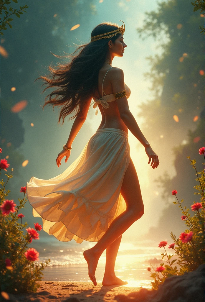 Bright Themes, Mysterious and luminous spiritual environment, celestial body atmosphere, realistic, 1 beautiful egyptian girl, short skirt, Shall we dance_Dynamic pose, aesthetic, , Beach, flowers, nature, (double exposure background through 아름다운 woman transparent silhouette figure), (shining spiritual atmosphere, Fascinating Light, shining lights, celestial body atmosphere, Fascinating Light, complementary color, Fascinating colors, dramatic lighting, Aura of fascination), closeup, Close-up shot of the subject,