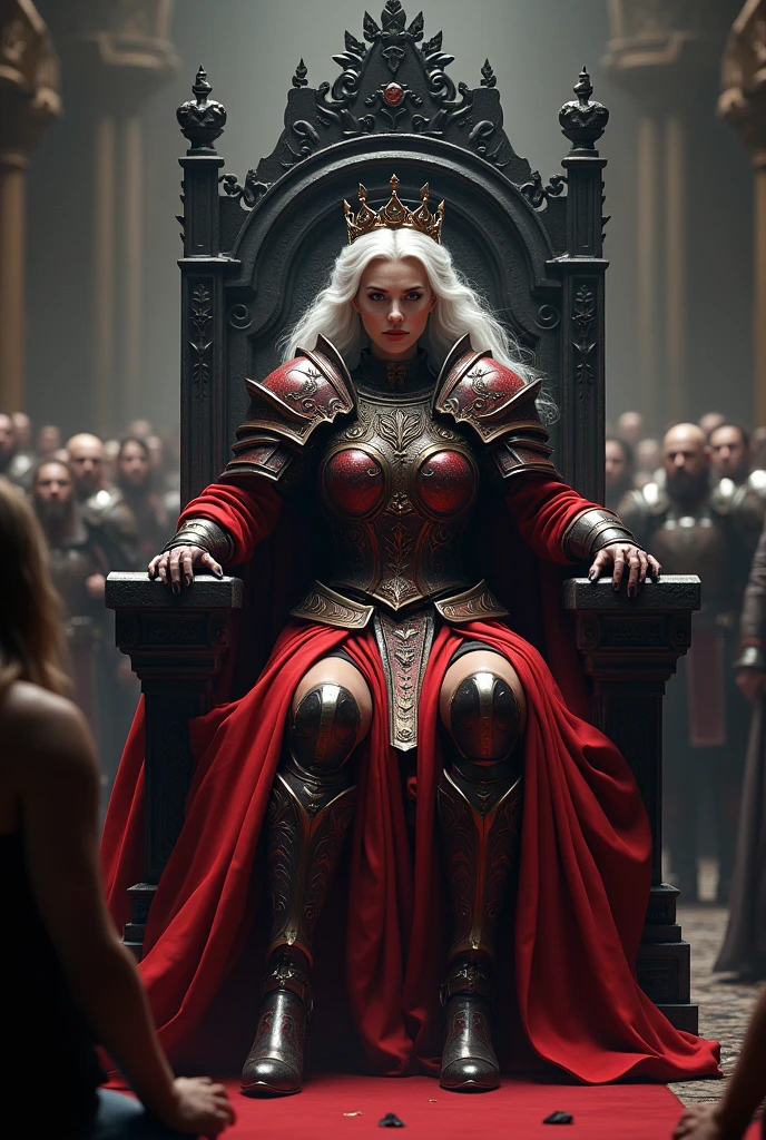 a white-haired, sharp-faced middle-aged queen in red and black war armor sitting on an iron throne with a crown and commoners kneeling in her castle