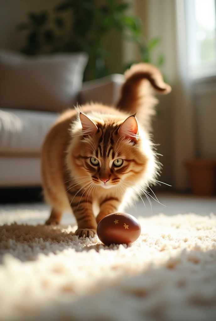 
Create a realistic photo of a cat playing with a toy