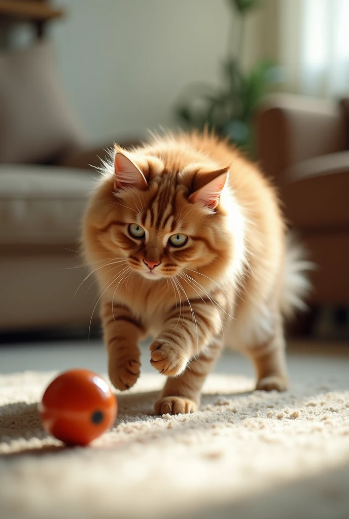 Create a realistic photo of a cat playing with a toy