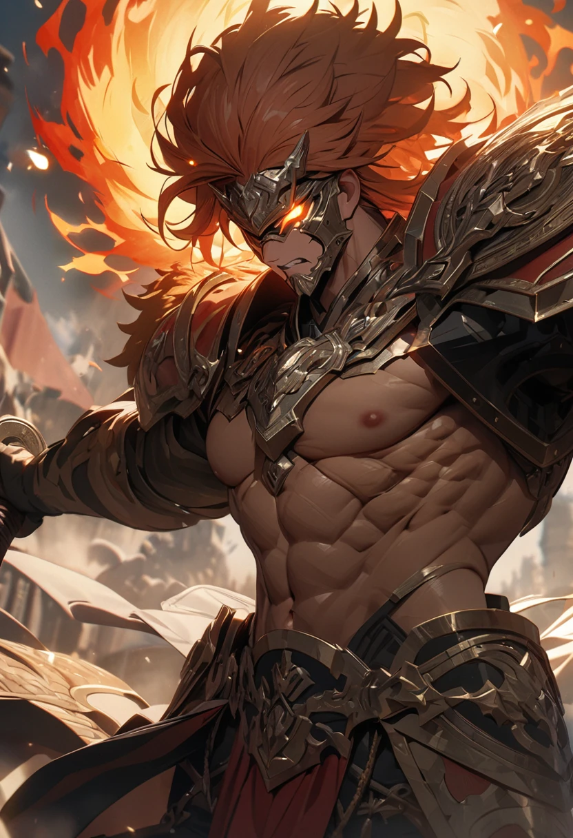 masterpiece, 8k, best quality, highly detailed, a human male warrior wielding a sword & shield based off a flaming sun lion