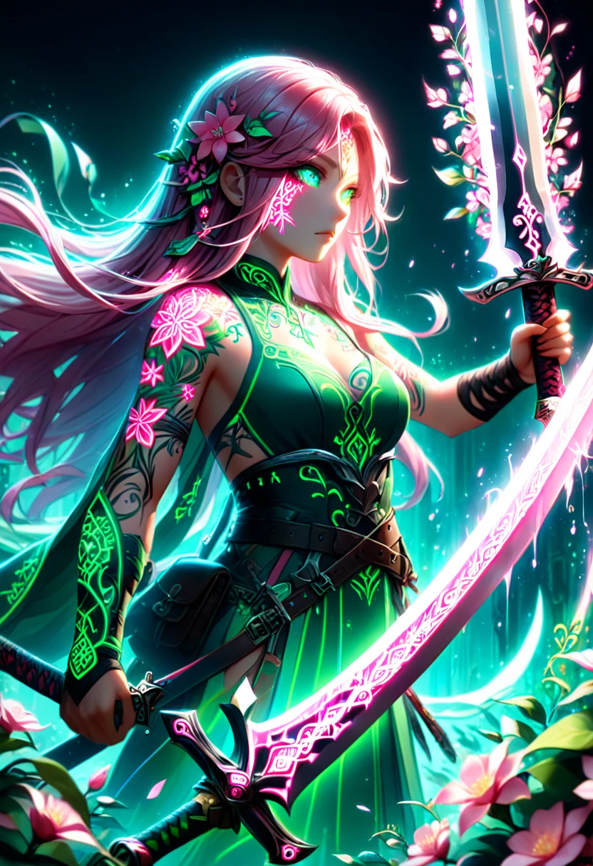 Closed-up face,A swordsman carrying a huge sword、The blade is decorated with glowing neon flower tattoos.。The tattoo is a mix of pink flowers and green ivy.、It emits neon light。She has long, flowing hair.、This scene has a dreamy soft focus effect.、It emphasizes the fantastic shine of the tattoo.。Facing forward、front,Slashing