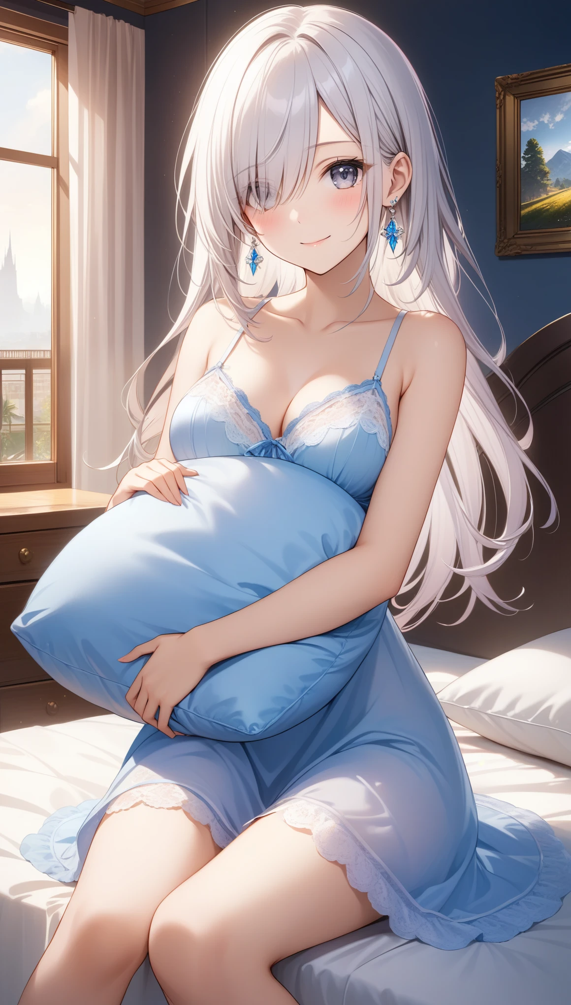 1girl, solo, long hair, breasts, looking at viewer, blush, smile, bangs, bare shoulders, jewelry, medium breasts, sitting, closed mouth, collarbone, white hair, earrings, indoors, hair over one eye, pillow, grey eyes, bare arms, on bed, lingerie, lace trim, object hug, pillow hug, nightgown, ((32k)), ((best quality)), ((ultra high res)), ((HDR)), ((UHD)), ((extremely detailed CG)), ((unity 32k wallpaper)), 