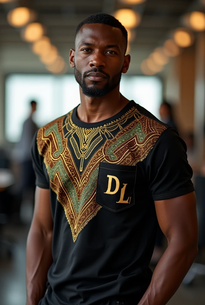 Strong forty year old black man, very elegant and sophisticated, with a goatee, wearing black short sleeved African tribal t-shirt with gold and brown details, pure silk with gold details.
Letters DL written on the pocket of the clothing Italian loafer shoes The model is in a busy office