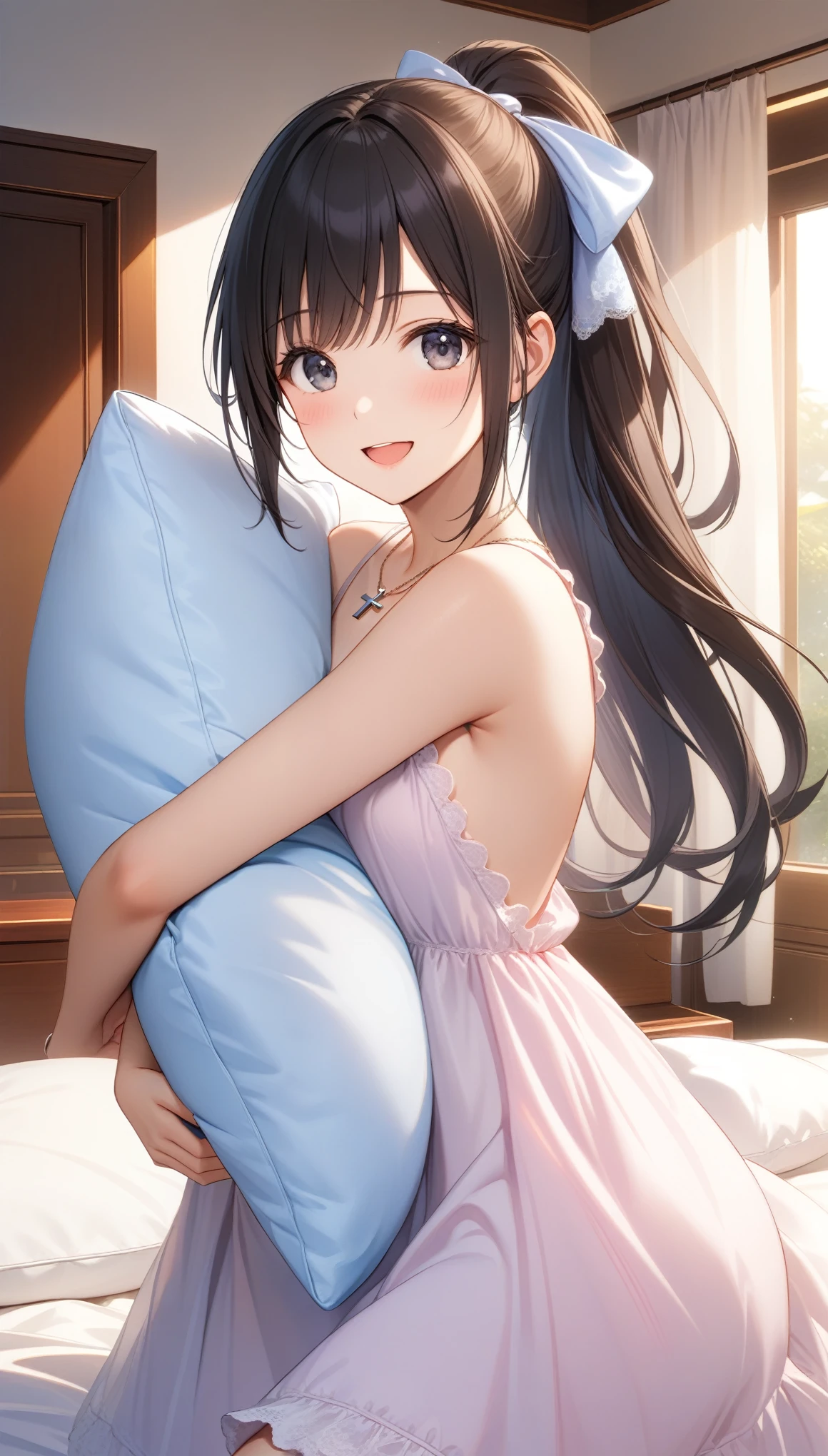 1girl, solo, breasts, looking at viewer, blush, smile, open mouth, bangs, black hair, dress, ribbon, bare shoulders, jewelry, hair ribbon, ponytail, :d, small breasts, sleeveless, indoors, necklace, black eyes, pillow, grey eyes, bare arms, bed, on bed, cross, object hug, cross necklace, pillow hug, nightgown, holding pillow, ((32k)), ((best quality)), ((ultra high res)), ((HDR)), ((UHD)), ((extremely detailed CG)), ((unity 32k wallpaper)),